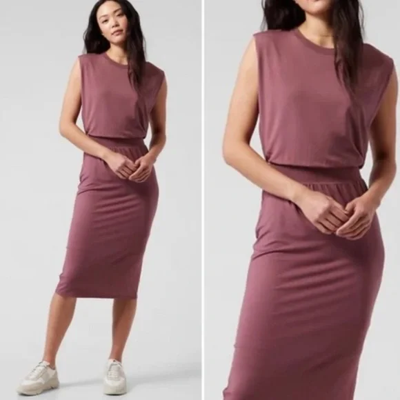 HP NWT Athleta Santorini Cinch Dress Tawny Rose Pink Jersey Knit Stretch Midi HP NWT Athleta Santorini Cinch Dress Tawny Rose Pink Jersey Knit Stretch Midi
